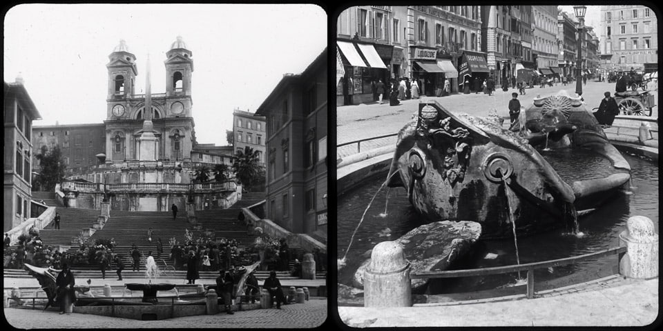 Fontaine de la Barcaccia et escalier de la Trinité-des-Monts à Rome en 1910 Fontaine de la Barcaccia et escalier de la Trinité-des-Monts à Rome en 1910