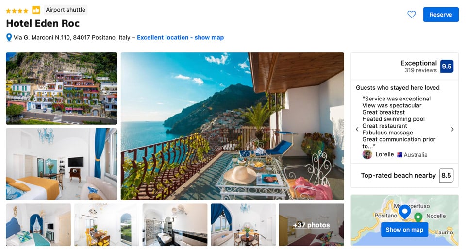 Hotel Eden Roc quatre étoiles sur la côte amalfitaine