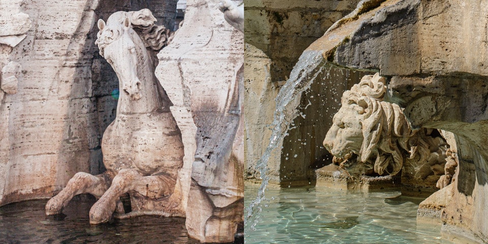 Sculptures d’animaux fontaine des Quatre-Fleuves Bernini