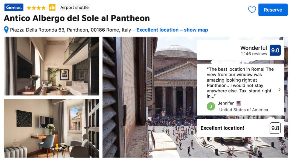 Antico Albergo del Sole, meilleur hôtel de Rome avec vue sur le Panthéon