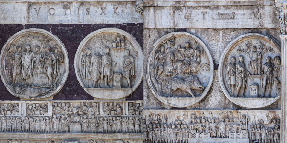 médaillons de l’arc de Constantin Médaillons de l’arc de Constantin représentant des scènes de chasse au lion et à l’ours ou des cérémonies sacrificielles