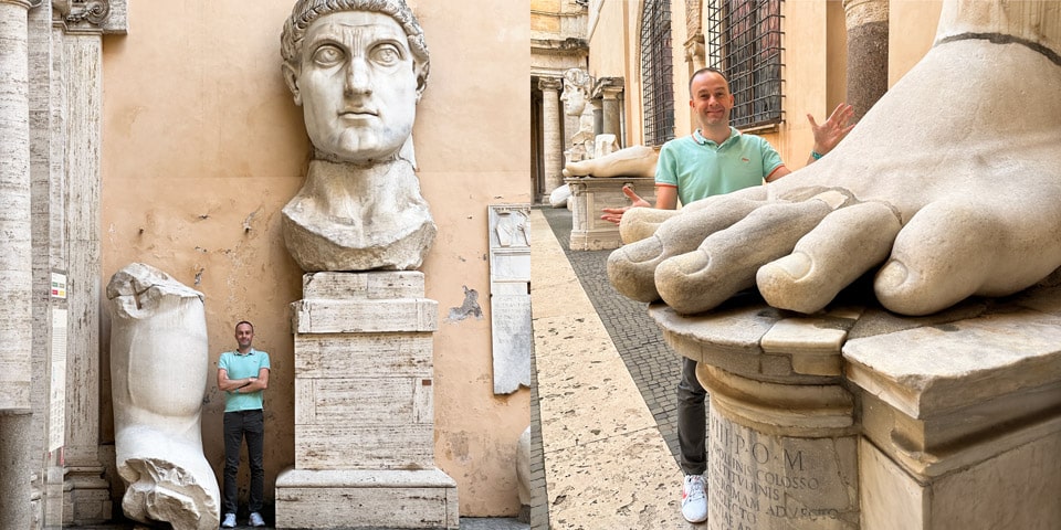 Artur Jakucewicz, auteur d’articles sur la Rome antique, aux Musées du Capitole avec des éléments de la statue de Constantin le Grand