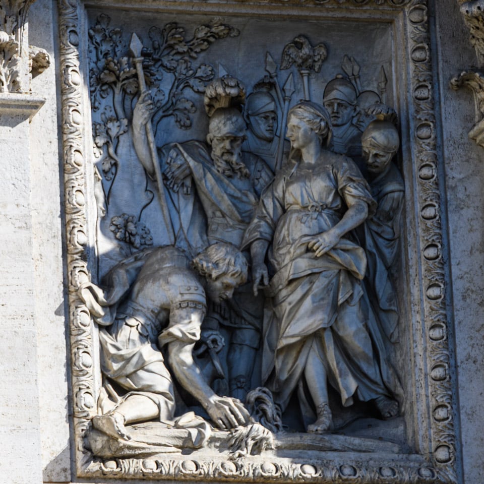 Bas-relief d’Andrea Bergondi La découverte de la source, fontaine de Trevi, Rome