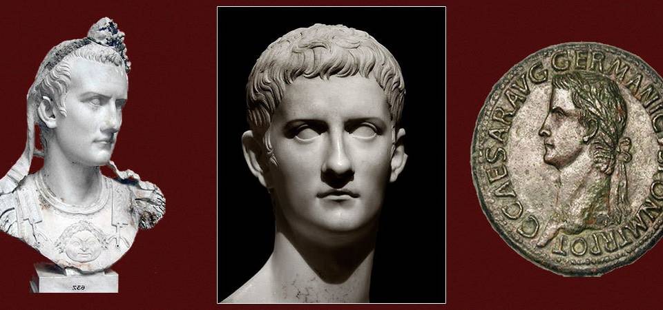 Portraits de l’empereur romain Caligula sur des monnaies et une sculpture