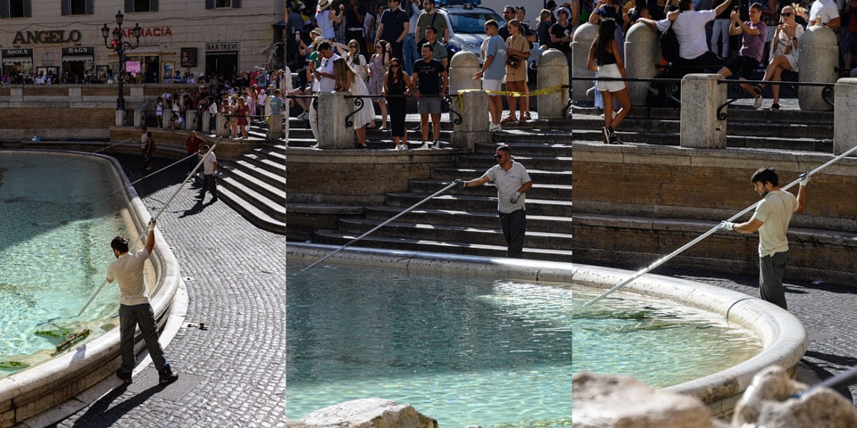 Nettoyage de la fontaine de Trevi et collecte des pièces