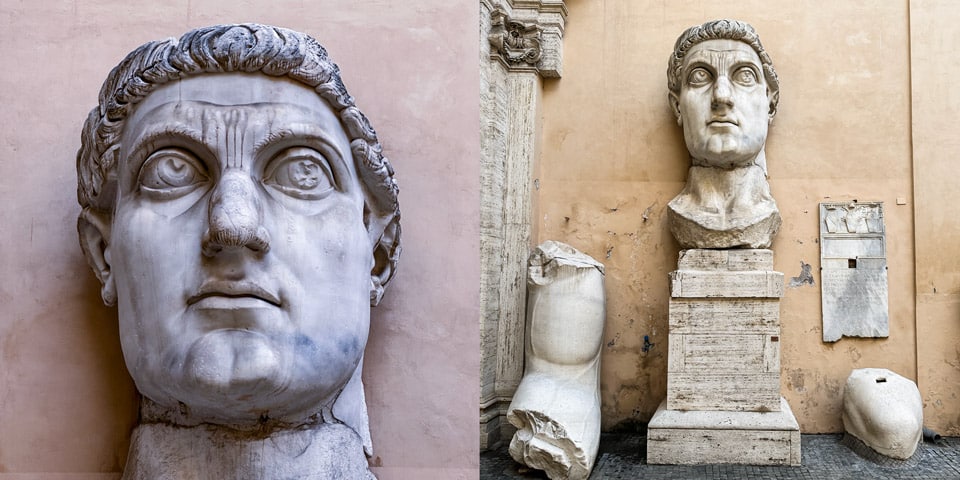Tête et partie d’une main, éléments d’une statue colossale de l’empereur Constantin