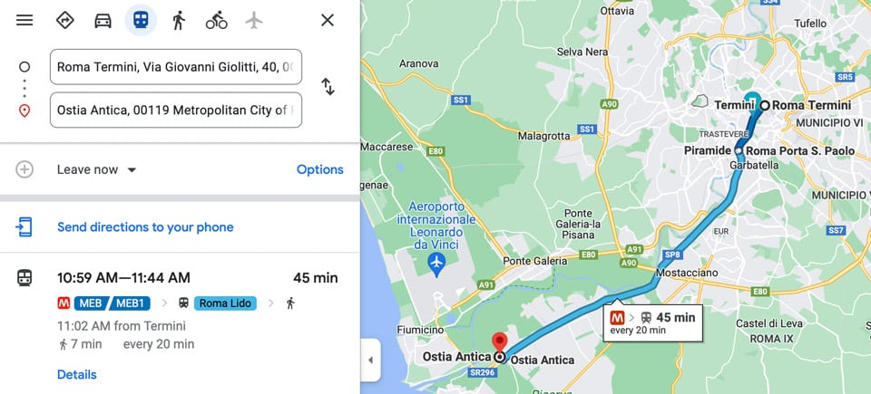 Carte de l’itinéraire pour aller de Rome à Ostia Antica Carte de l’itinéraire pour aller de Rome à Ostia Antica
