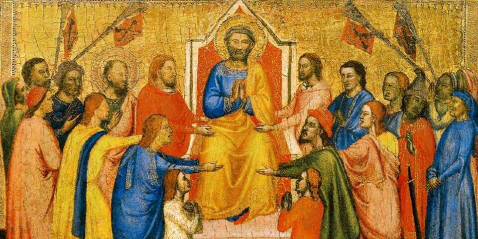 Jacopo di Cione Saint Pierre trônant entre saint Paul et les fidèles