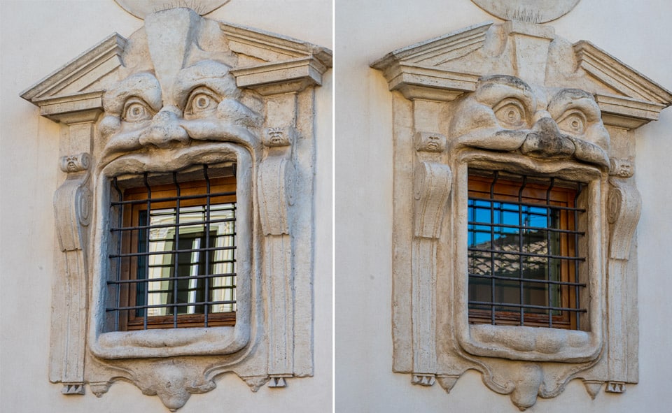 Fenêtres en forme de monstres du Palazzo Zuccari à Rome