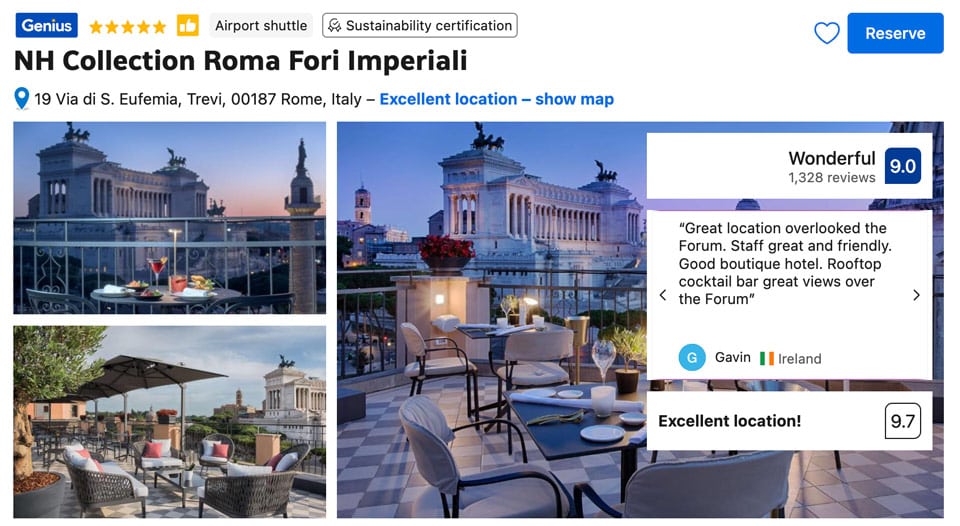 NH Collection Roma Fori Imperiali, meilleur hôtel de Rome avec vue sur les Forums impériaux et la Piazza Venezia