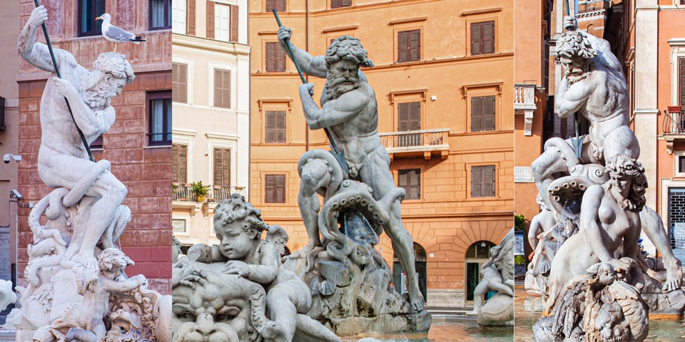 Sculpture de Neptune combattant une pieuvre par Antonio della Bitta en 1878 sur la Piazza Navona à Rome