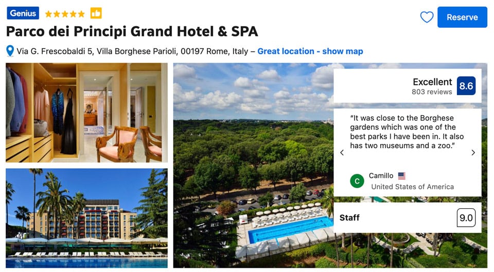 Parco dei Principi, meilleur hôtel de Rome avec vue sur la Villa Borghese