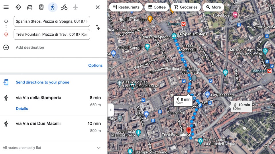 Itinéraire le plus court de la place d’Espagne à la fontaine de Trevi