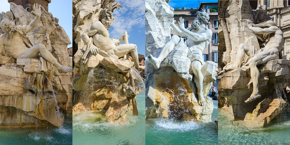 Statues de la fontaine des Quatre-Fleuves sur la Piazza Navona