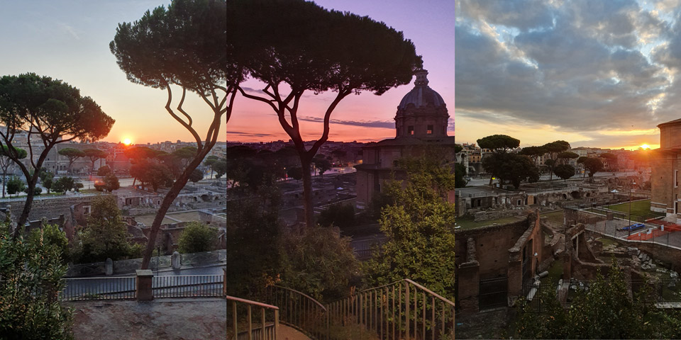 Vue au lever du soleil sur les forums de César et de Trajan