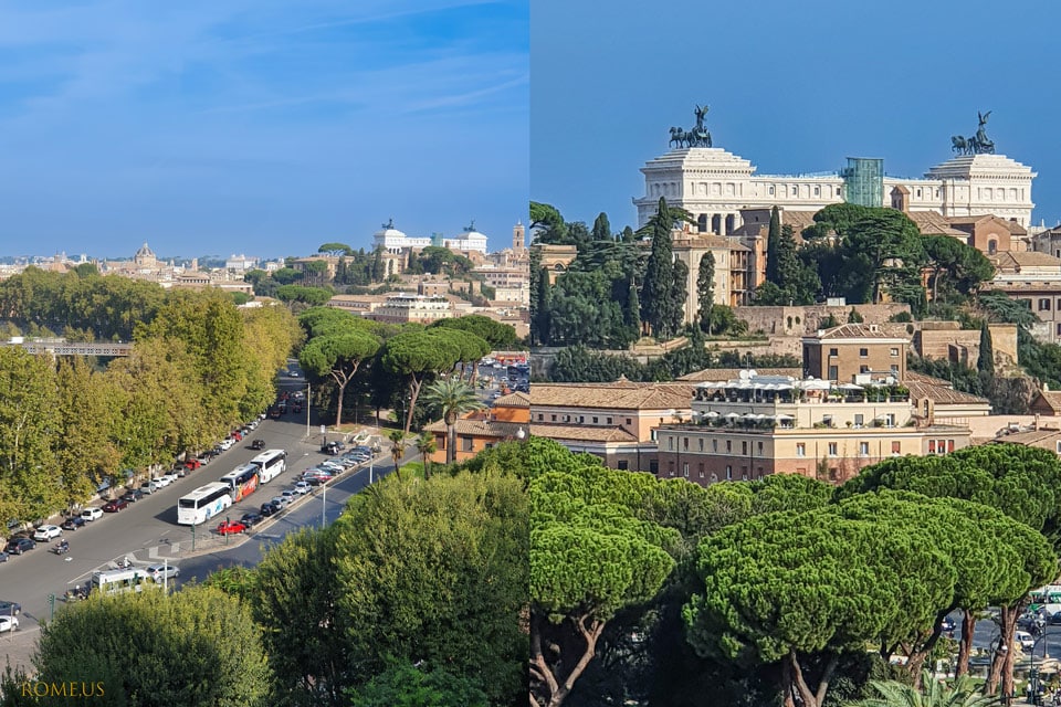 Vue sur l’autel de la Patrie et les pins depuis la terrasse panoramique du jardin des Orangers à Rome