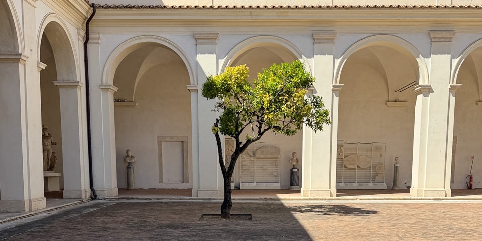 Petite cour du cloître avec bustes antiques et citronnier au Musée national romain, Thermes de Dioclétien à Rome