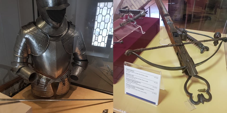 Armures de plates et arbalètes médiévales dans l’armurerie du Château Saint-Ange, à Rome