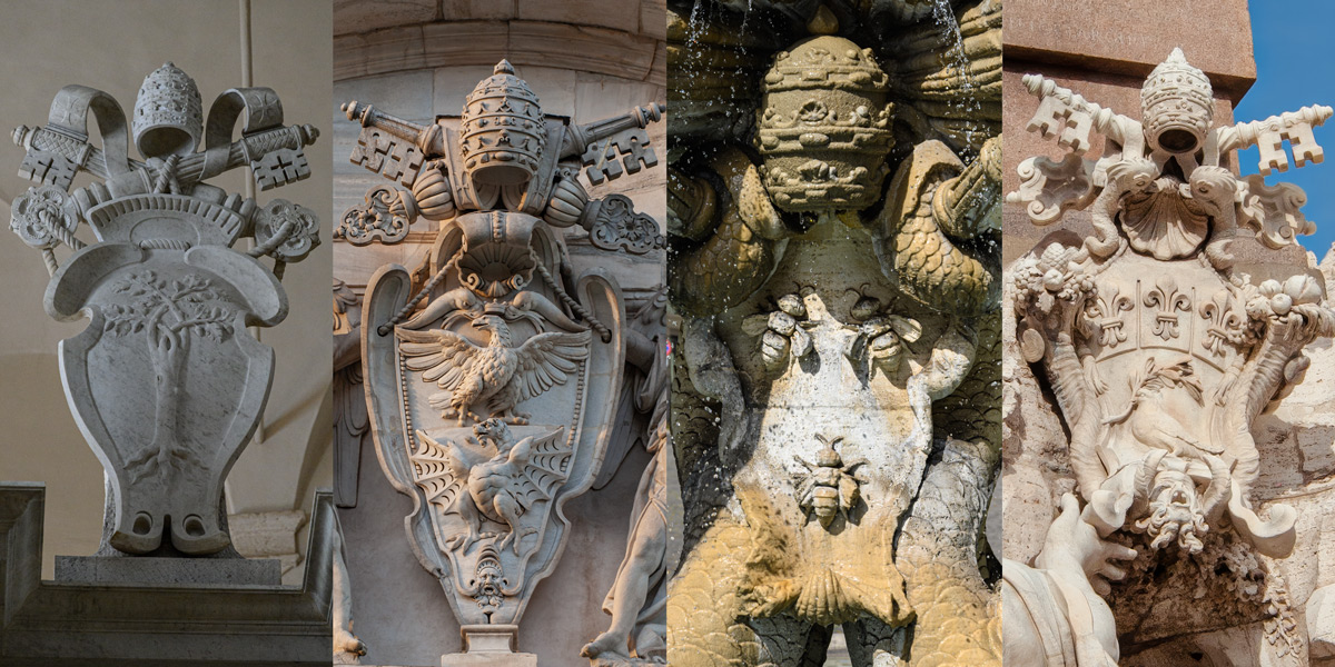 Quatre blasons pontificaux avec le chêne des Della Rovere, les symboles Borghese, les abeilles Barberini et la colombe Pamphili