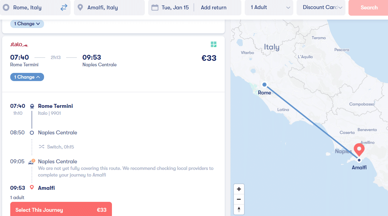 trajet de Rome à Amalfi en train