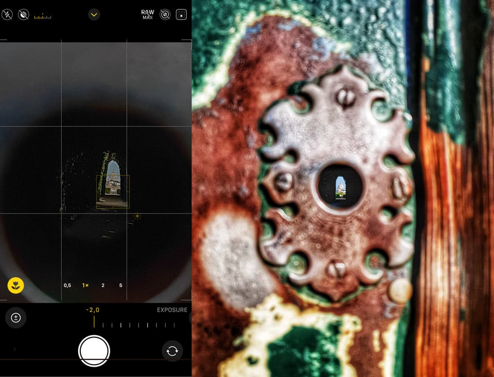 Réglages iPhone pour le trou de serrure des chevaliers de Malte sur l’Aventin à Rome