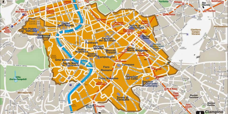 Carte des murs d’Aurélien à Rome Carte des murs d’Aurélien à Rome