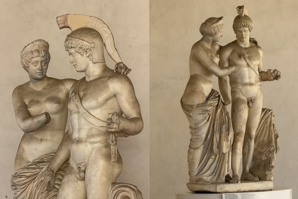 Groupe statuaire romain en marbre de Mars et Vénus, vers 170 apr. J.-C., provenant d’Ostie, Musée national romain, Thermes de Dioclétien à Rome