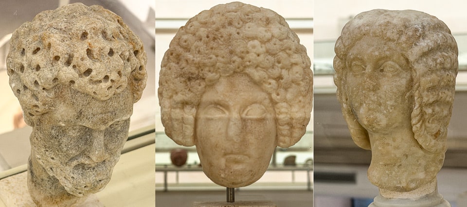 Têtes-portraits romaines antiques en marbre montrant des coiffures impériales masculines et féminines au Musée national romain, Thermes de Dioclétien à Rome