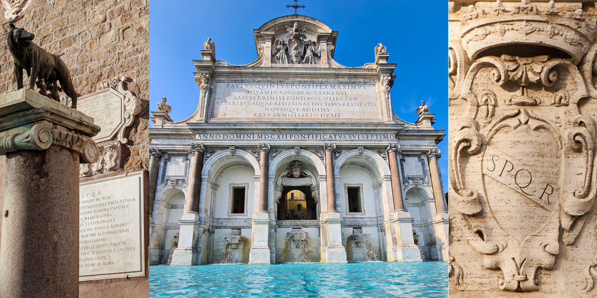 Louve capitoline, inscriptions latines sur la fontaine de l’Acqua Paola et relief SPQR à Rome