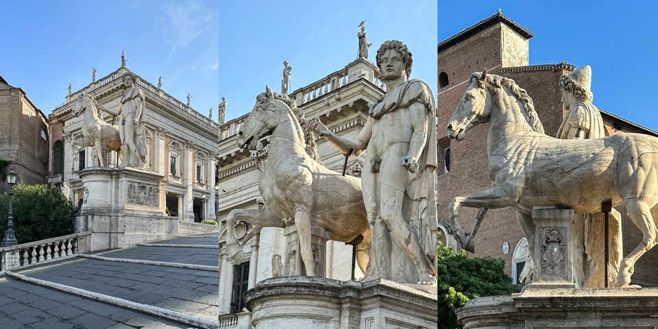Statues de Castor et Pollux, les Dioscures, fils jumeaux légendaires de Zeus, sur la colline du Capitole à Rome