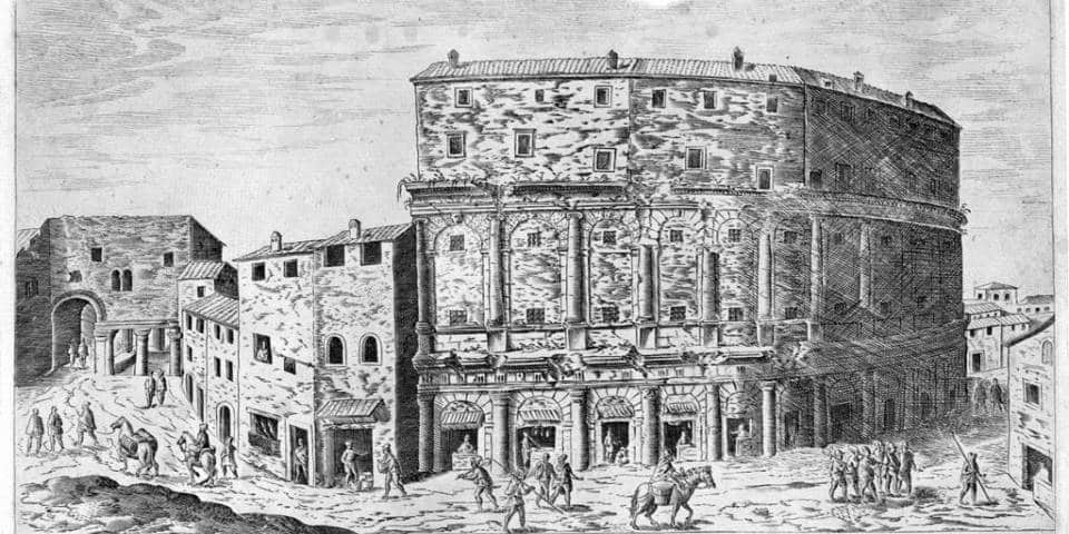 Gravure montrant l’aspect du théâtre romain de Marcellus au Moyen Âge