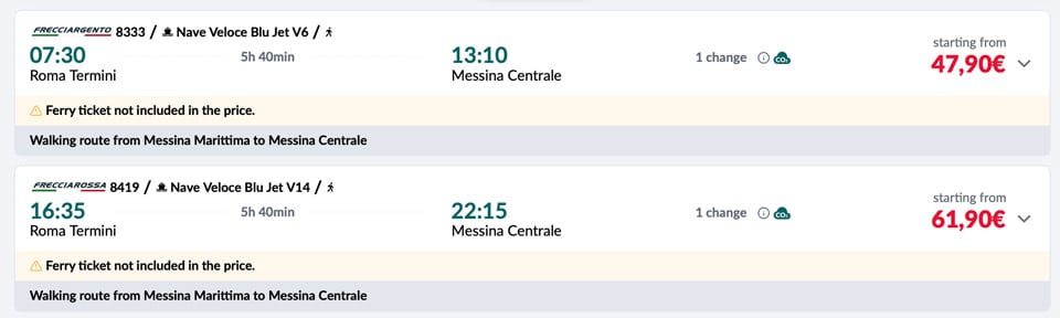 horaires et prix des trains de Rome à Messine en Sicile