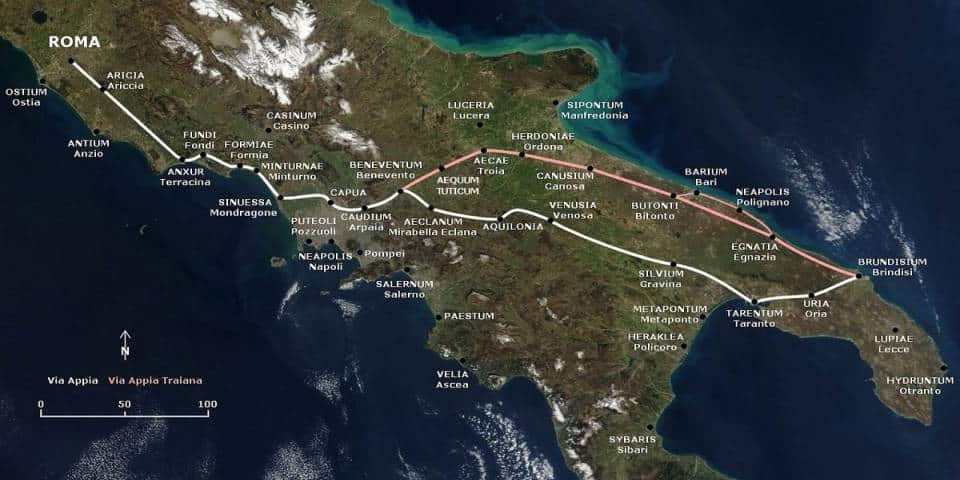 Via Appia Antica sur la carte de l’Italie Via Appia Antica sur la carte de l’Italie