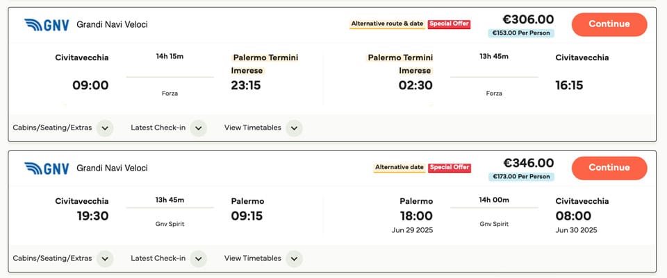 horaires et prix des ferries de Civitavecchia à Palerme en Sicile